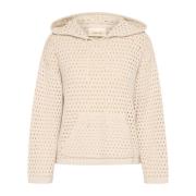 Cream Stickad Hoodie Ancient Scroll Stil Beige, Dam