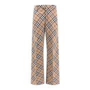 Burberry Check Print Wool Blend Wide Leg Byxa Beige, Herr