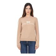 Elisabetta Franchi Beige Crew-Neck Sweater med Logo Beige, Dam