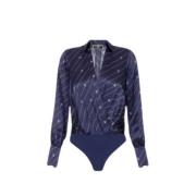 Elisabetta Franchi Marinrandig Sidens Bodyblus Blue, Dam