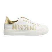 Moschino Vit Läder Sneaker med Guld Strass Logo White, Dam