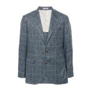 Brunello Cucinelli Rutig Blazer Med Kavajslag Långärmad Blue, Herr