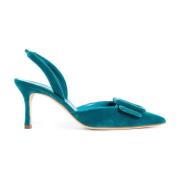 Manolo Blahnik Blå Sammet Slingback Stiletto Klackar Blue, Dam