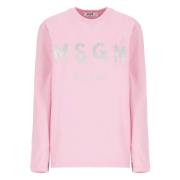 Msgm Rosa Glitter Logo Crew Neck T-shirt Pink, Dam