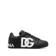 Dolce & Gabbana Svart Läder Sneakers Logo Print Black, Herr