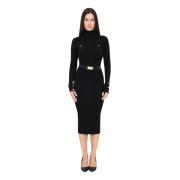 Elisabetta Franchi Svart Ribbad Midi Klänning Elegant Höst Vinter Blac...