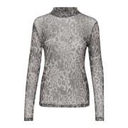 Kaffe Leopard Mesh Långärmad Topp Gray, Dam