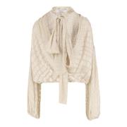 Blumarine Blus med Kokosmotiv V-ringning och Slips Beige, Dam