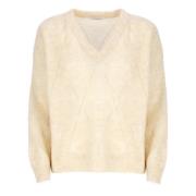 Brunello Cucinelli Ivory Sequin V-Neck Sweater Beige, Dam