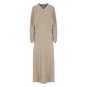 Brunello Cucinelli Brun Cashmere Klänning V-ringad Ribbat Mönster Brow...