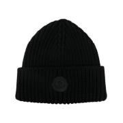 Moncler Svart Stickad Mössa med Gummi Logo Black, Unisex