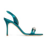 Manolo Blahnik Kristalljuvelerad Slingback Stilettklackar Green, Dam