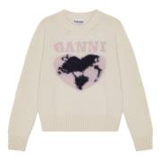 Ganni Vit Crew Neck Sweater med Logo White, Dam