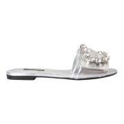 Dolce & Gabbana Silver Kristall Läder Platta Sandaler Gray, Dam