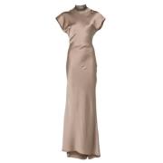 Brunello Cucinelli Satin Maxi Klänning med Kedjedetalj Beige, Dam