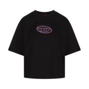 Diesel Svart Crop T-shirt med Rosa Logotyp Black, Dam