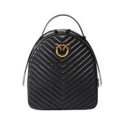 PINKO Quiltad Chevron Läder Ryggsäck med Love Birds Spänne Black, Dam