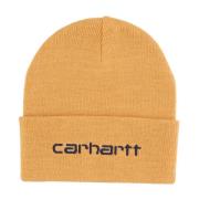 Carhartt Wip Script Beanie Hat i Ockra/Marinblå Beige, Herr