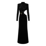 Elisabetta Franchi Svart Broderad Chenille Röd Matta Klänning Black, D...