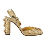 Dolce & Gabbana Guld Kristall Studs Läder Slingback Sandaler Yellow, D...