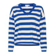 Saint Tropez Randig V-Neck Pullover Tröja Surf Blue Blue, Dam