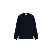 Stone Island Blå Lamull Crewneck Sweater med Ribbed Detaljer Blue, Her...