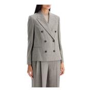 Brunello Cucinelli Dubbelknäppt Pinstripad Ulljacka Gray, Dam