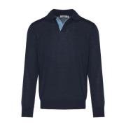 Canali Ull Polo Skjorta Knappfri Design Italien Blue, Herr