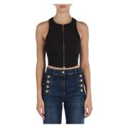 Elisabetta Franchi Cropped Zip Top i Doppio Crepe Black, Dam