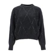 Brunello Cucinelli Diamantbroderad Crew Neck Sweater Black, Dam