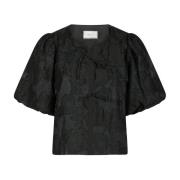 Neo Noir Jacquard Svart Blus med Puffärmar Black, Dam