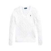 Ralph Lauren Kabelstickad V-ringad Tröja White, Dam