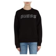 Guess Stilig Viskosblandning Sweatshirt med Strass Logo Black, Dam