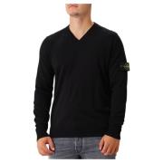 Stone Island Svart Ull V-ringad Stickad Tröja Black, Herr