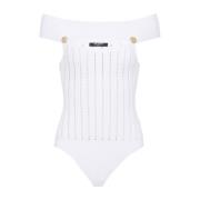 Balmain Räfflad Off-Shoulder Vit Body White, Dam