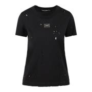 Dolce & Gabbana Logo-Plaque T-Shirt med Distressed-effekt Black, Dam