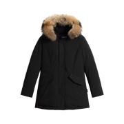 Woolrich Svart tekniskt tyg parka med päls Black, Dam