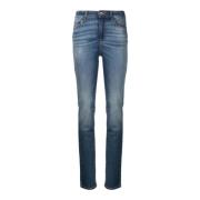 Emporio Armani Slim Fit Denim Jeans med Läderlogotyp Blue, Dam