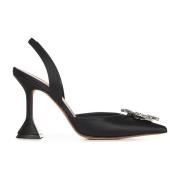 Amina Muaddi Svart Satin Slingback Kristallklackar Black, Dam