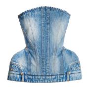 Balmain Strukturerad denim bustier Blue, Dam