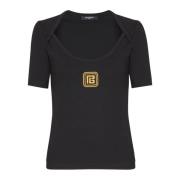 Balmain T-shirt med PB-logotyp Black, Dam