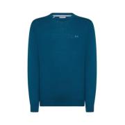 Sun68 Ull Bomull Tröja Crewneck Broderad Logotyp Blue, Herr