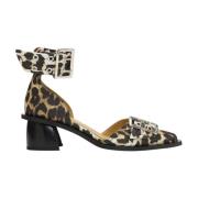 Ganni Leopard Satin Open Cut Pumps Brown, Dam