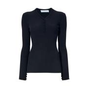 Proenza Schouler Svart Ribbstickad Henley Topp Black, Dam