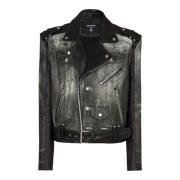 Balmain Läder bikerjacka med denimtryck Black, Herr