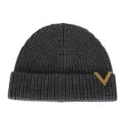 Valentino Garavani Kashmir Stickad Beanie Metall VLogo Detalj Gray, Da...