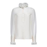 Valentino Organza Spets Volanger Puff Ärm Blus White, Dam