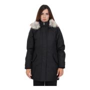 Only Svart Parkas med Avtagbar Fuskpäls Huva Black, Dam