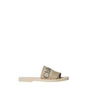 Chloé Logo-print Linneblandning Woody Sandaler Beige, Dam