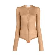 Sportmax Räfflad Stickad Button-Up Bodysuit Beige, Dam